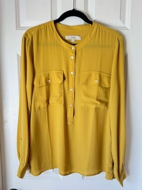 Loft Long Sleeve Henley Button Front Blouse Top - Yellow - Women's Large